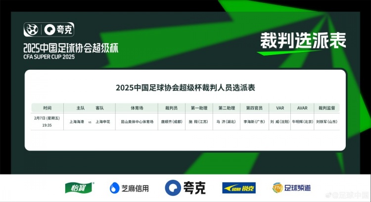  超级杯海港vs申花裁判员名单：主裁判唐顺齐，VAR刘威